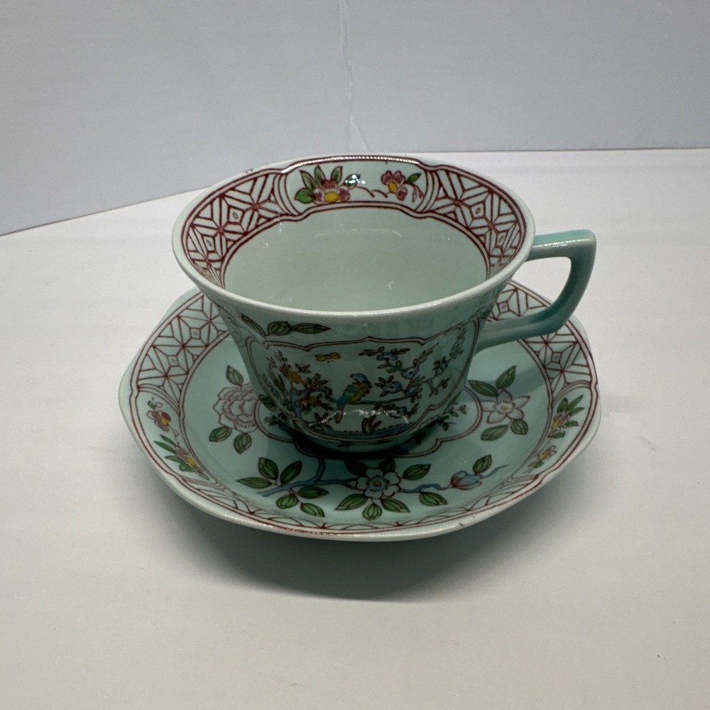Adams Calyx Ware Ironstone Cup & Saucer Set Green Floral Bird England 2pc